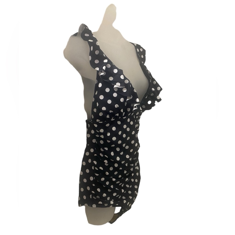 Ruffle lace up back Slimming Ruffle Black and White Polka Dot Swimsuit - Picture 4 of 8